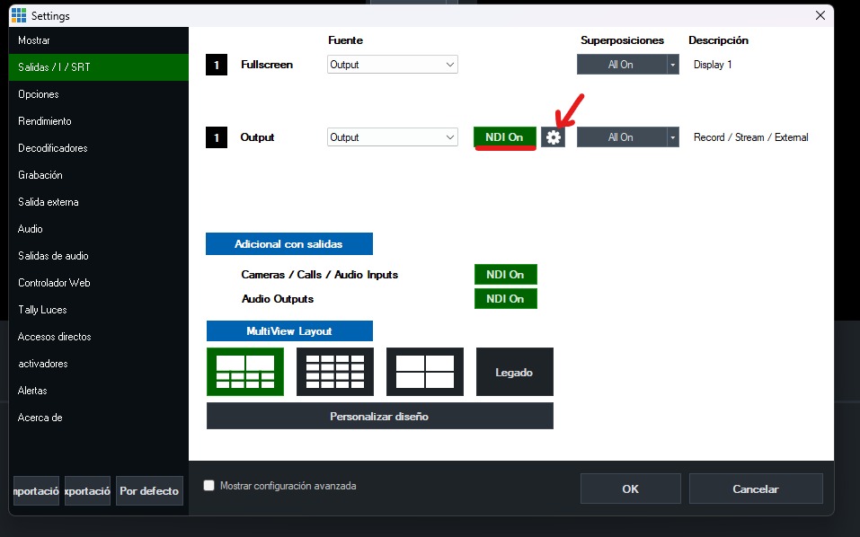 Sección Outputs NDI SRT en vMix